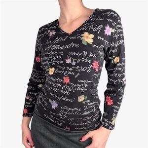 Rafaella black graphic printed script and floral 3/4 sleeve, euro style - size M